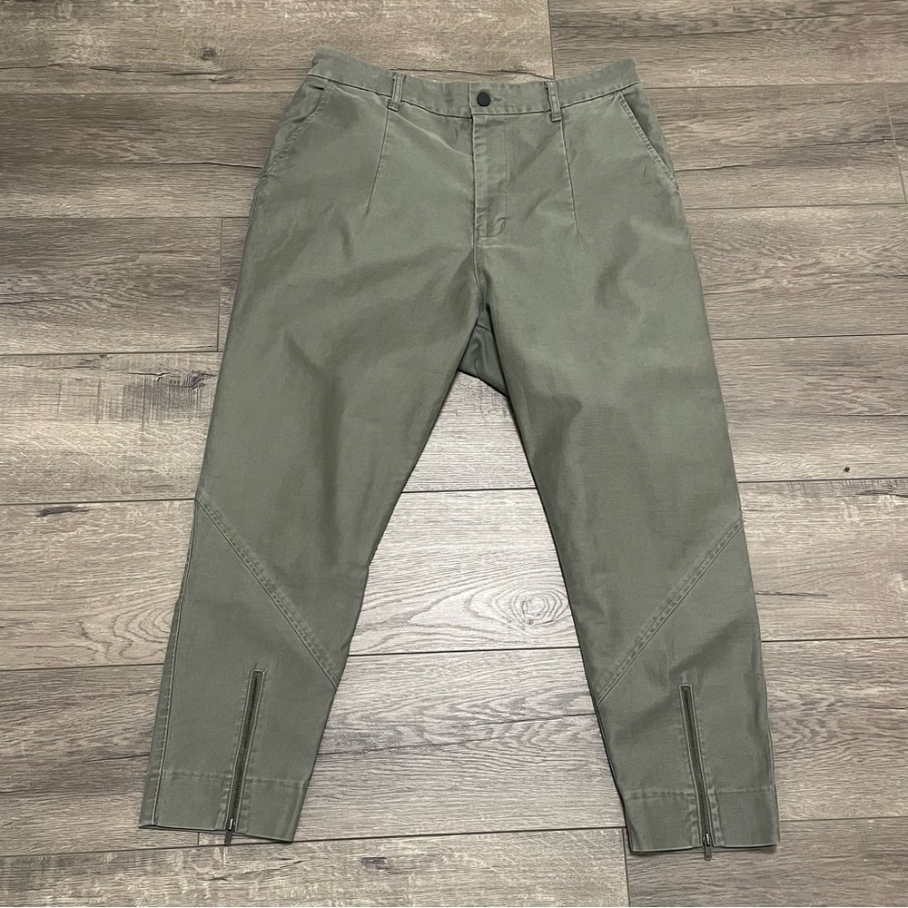 Bassike Women's Green Cotton Drop Crotch Ankle Zip Tapered Leg Pants Sz 2 Med